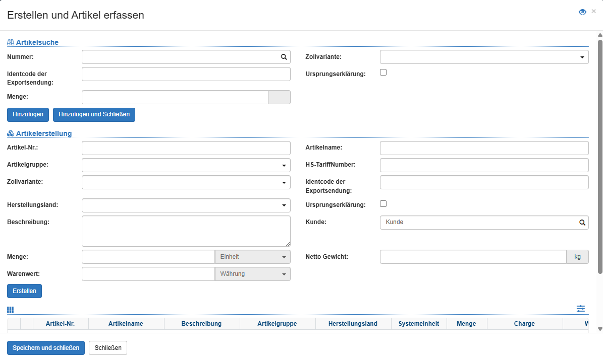 Collo Erstellen und Artikel erfassen Ansicht