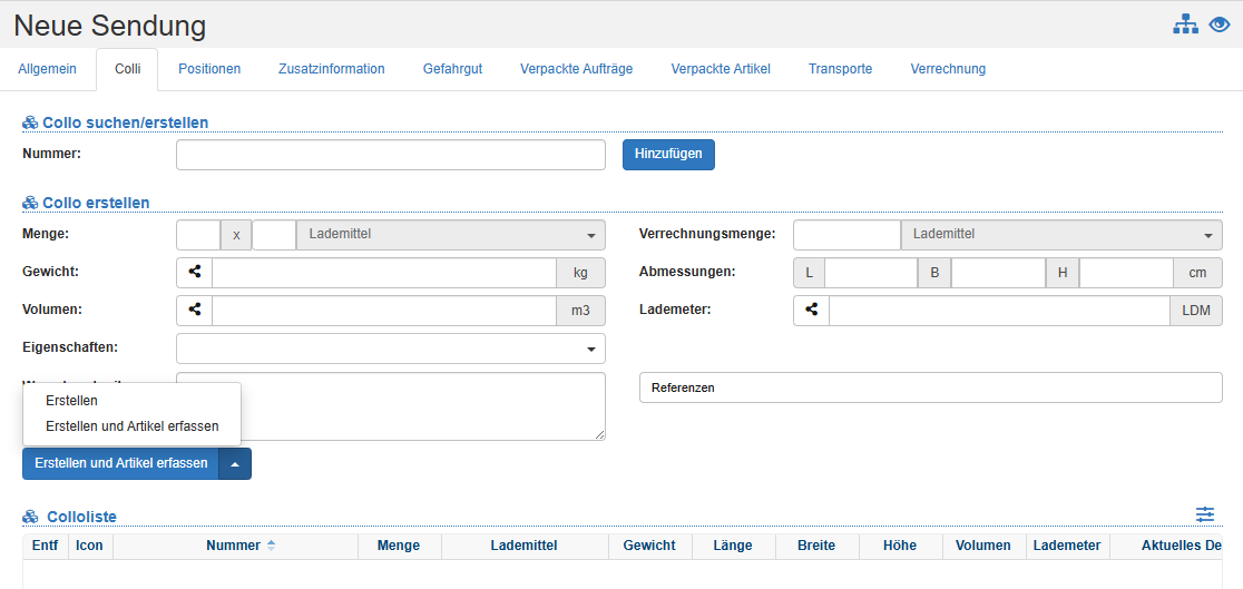 Collo Erstellen und Artikel erfassen