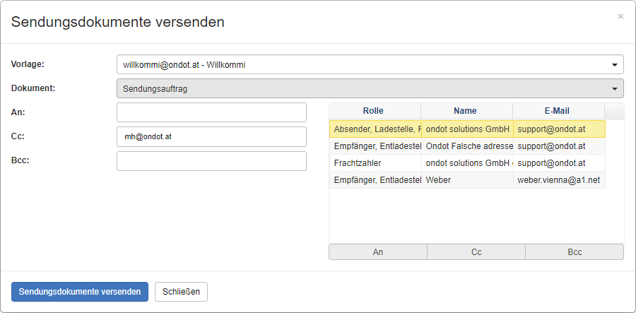 Dokumente versenden Dialog