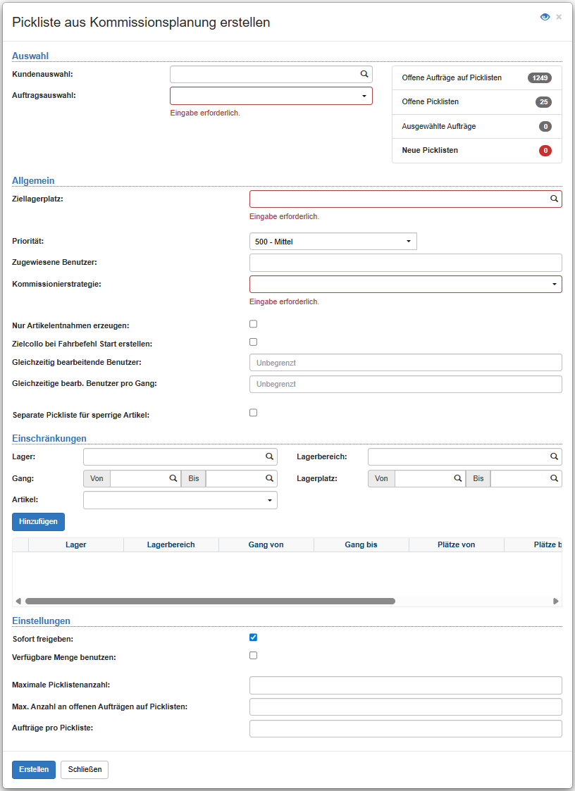 Pickliste aus Kommissionsplanung erstellen