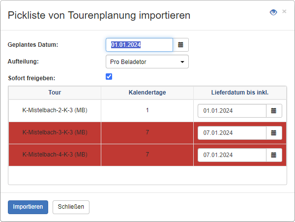 Pickliste von Tourenplanung importieren